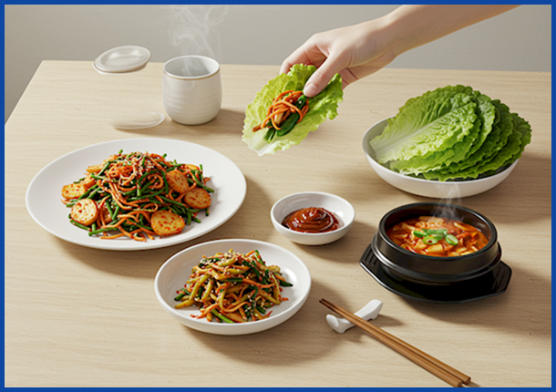 여름철 식탁에 오른 된장 양념 나물&amp;#44; 쌈장&amp;#44; 그리고 뜨거운 된장찌개로 다양하게 즐기는 한국의 전통 발효 음식.