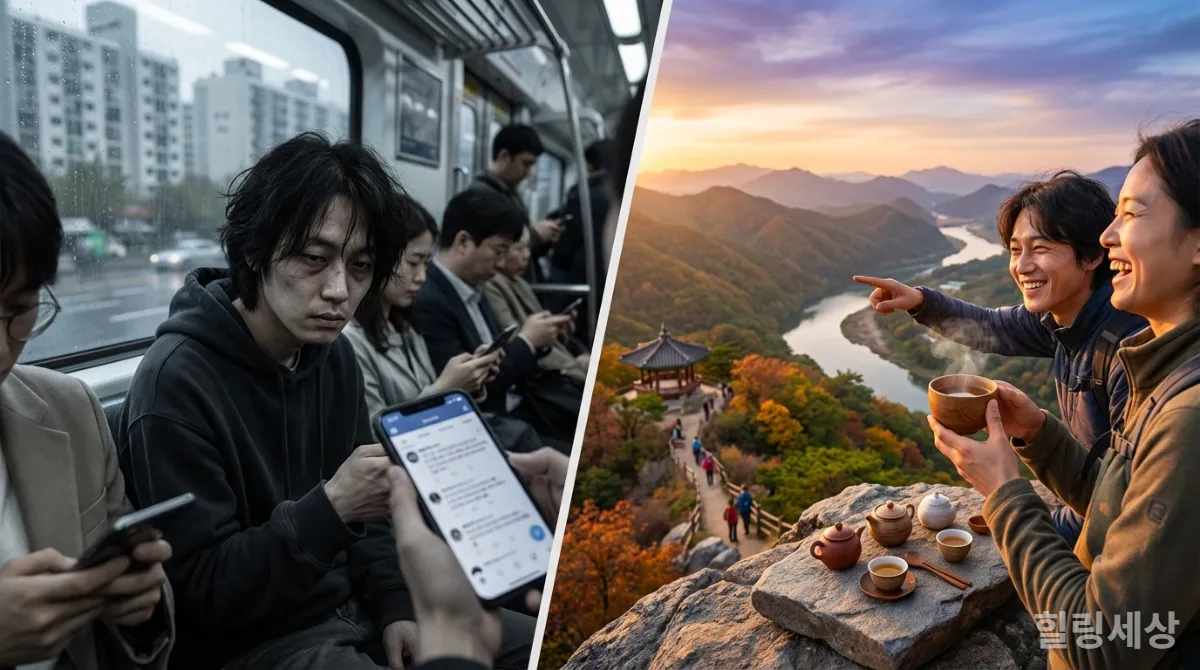 스마트폰에 몰두한 모습과 야외 활동을 즐기는 모습의 대비