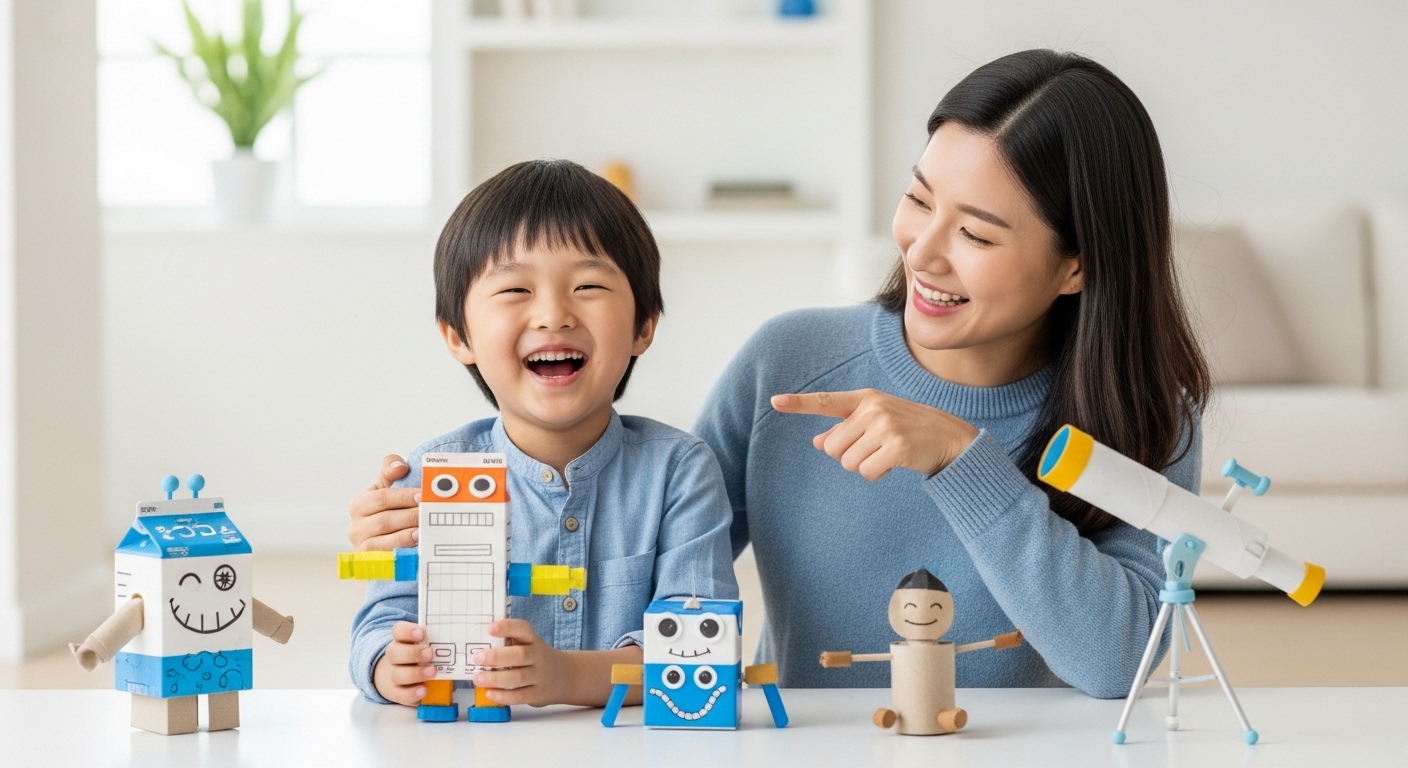 한국인 엄마와 아이가 직접 만든 재활용 장난감으로 즐겁게 놀며 교감하는 순간.