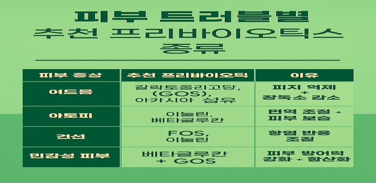 &ldquo;피부 증상별로 추천되는 프리바이오틱스 종류와 그 이유를 정리한 표 형식의 한국어 인포그래픽&rdquo;