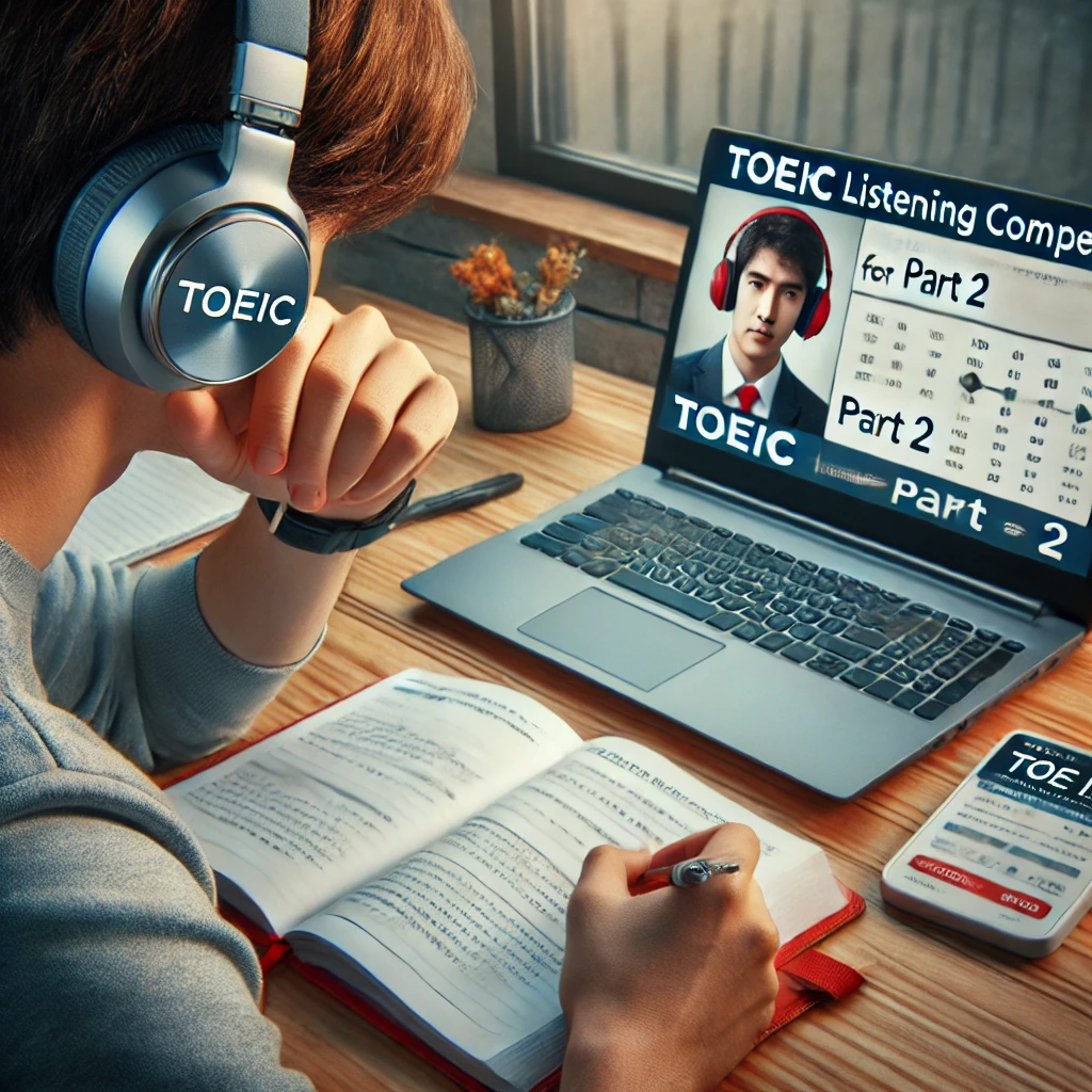 집에서 토익 파트 2 리스닝 연습을 하는 학생