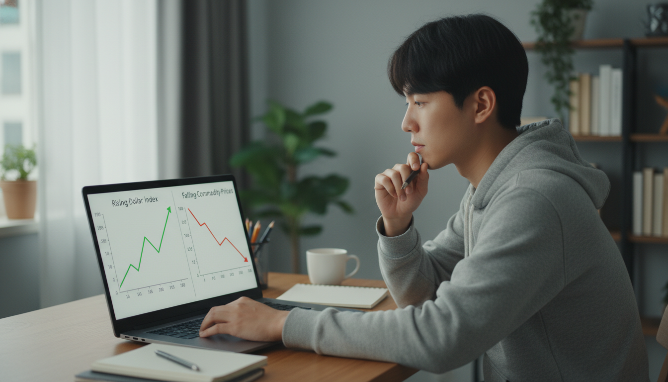 달러 인덱스 상승에 따른 원자재 가격 하락 관계를 보여주는 비교 차트 이미지.