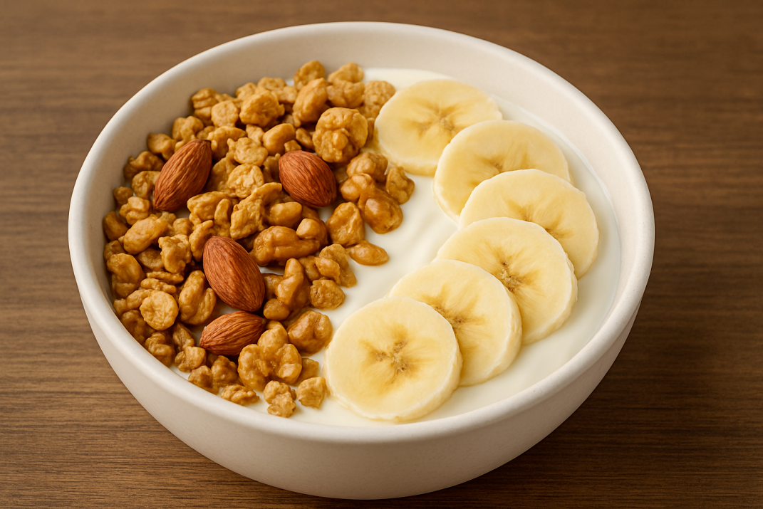 바나나, 그래놀라, 아몬드를 곁들인 플레인 요거트볼, 아침식사 대용으로 건강하고 포만감 높은 식단