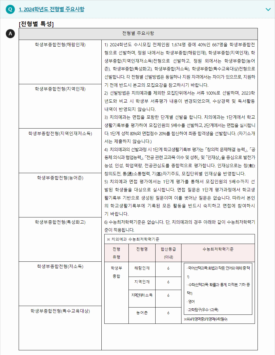 2024학년도 강릉원주대학교 학생부종합전형 전형별 주요사항