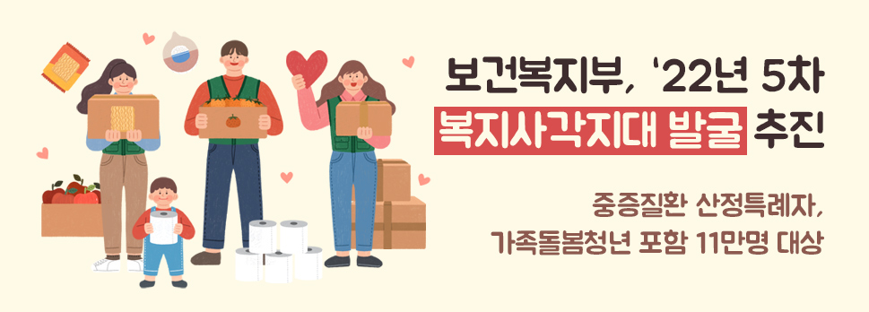 보건복지부, ‘22년 5차 복지사각지대 발굴 추진 중증질환 산정특례자, 가족돌봄청년 포함 11만명 대상