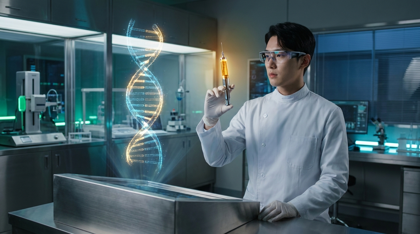 2026년 상용화된 노화 역행 주사와 DNA 텔로미어 복구 기술 이미지