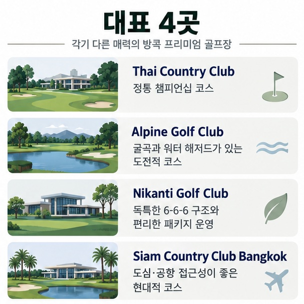 Thai Country Club Alpine Golf Club Nikanti Golf Club Siam Country Club Bangkok의 대표 특징과 선택 기준을 비교한 이미지