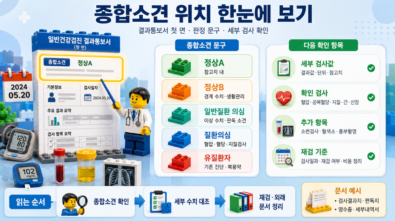 레고 스타일 건강검진 결과통보서 첫 면에서 종합소견 위치와 세부 검사 확인 순서를 설명한 인포그래픽