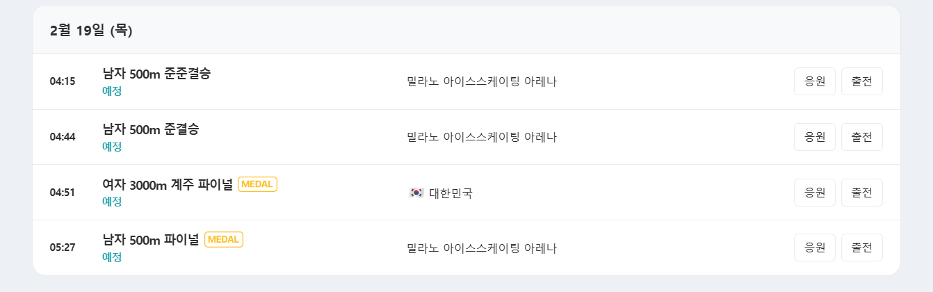 쇼트트랙 올림픽 일정(2월 19일)