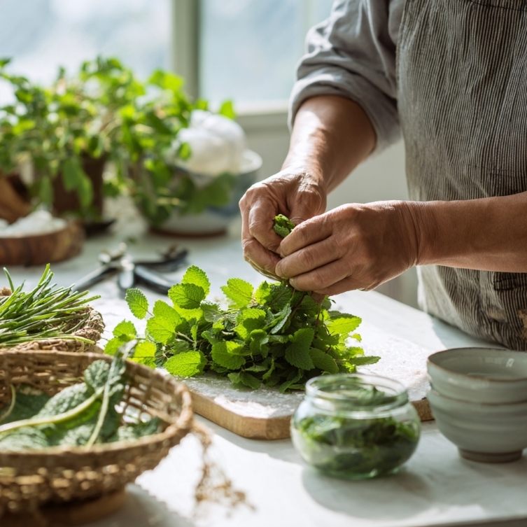 싱크대 위에서 미나리를 다듬는 모습