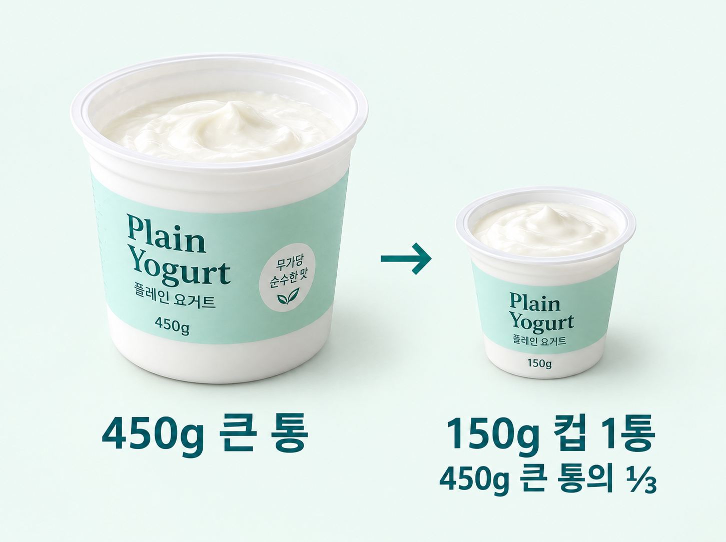 450g 플레인 요구르트 큰 통에서 3분의 1인 150g 컵 한 통으로 덜어내는 양을 실사로 비교.