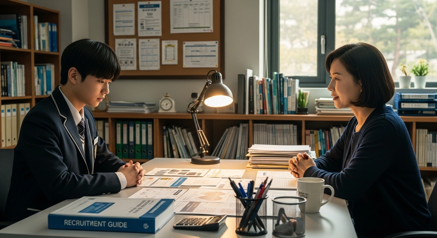 고등학생이 선생님과 입시 상담을 하고 있는 장면