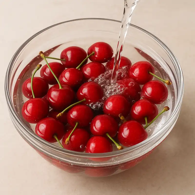 유리볼에 담긴 체리를 식초물에 세척하는 장면