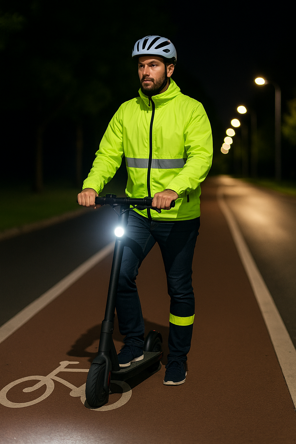 출발 전 전동킥보드 전조등·브레이크·타이어 상태를 점검하는 손