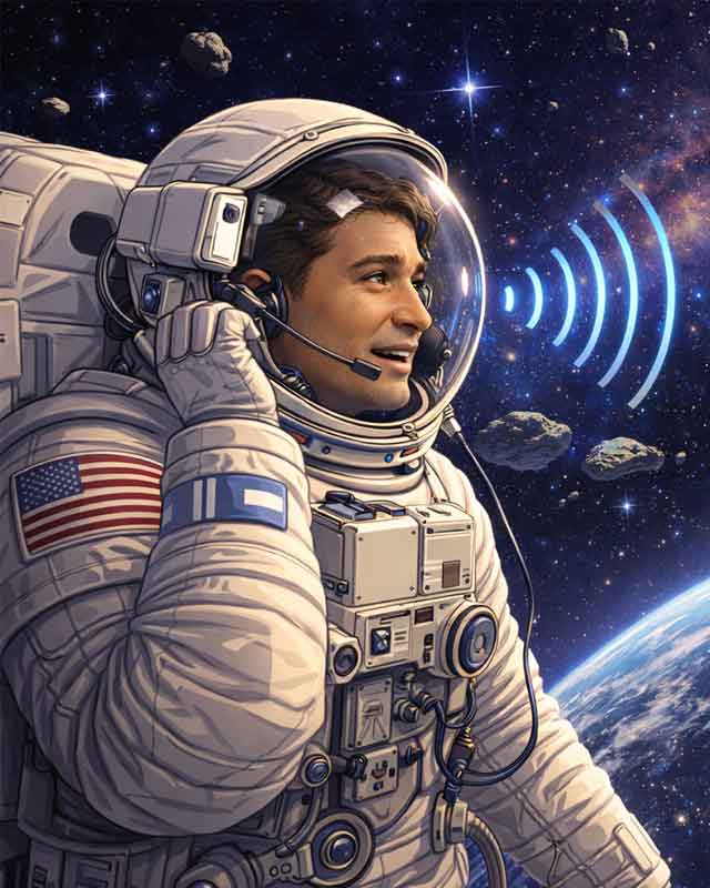 우주 비행사의 무선 통신 대화 모습