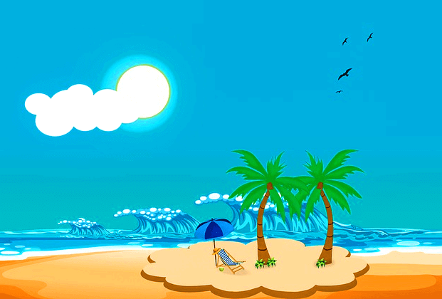 파란 하늘에 하얀 구름이 떠 있고, 바다 옆 해변가에는 두 그루의 야자수가 있다.