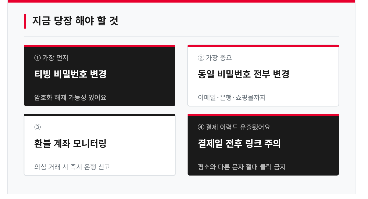 alt="티빙 개인정보 유출 대처법 비밀번호변경 동일비밀번호전부변경 환불계좌모니터링 결제일전후링크주의 인포그래픽 카드"
