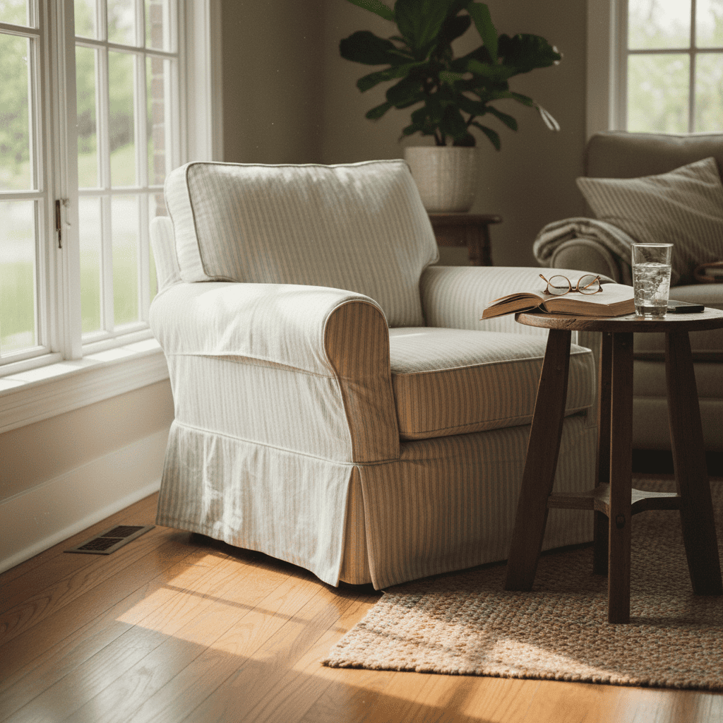 오후에 잠시 쉬는 공간과 테이블 위에 놓인 물컵이 보이는 일상 장면