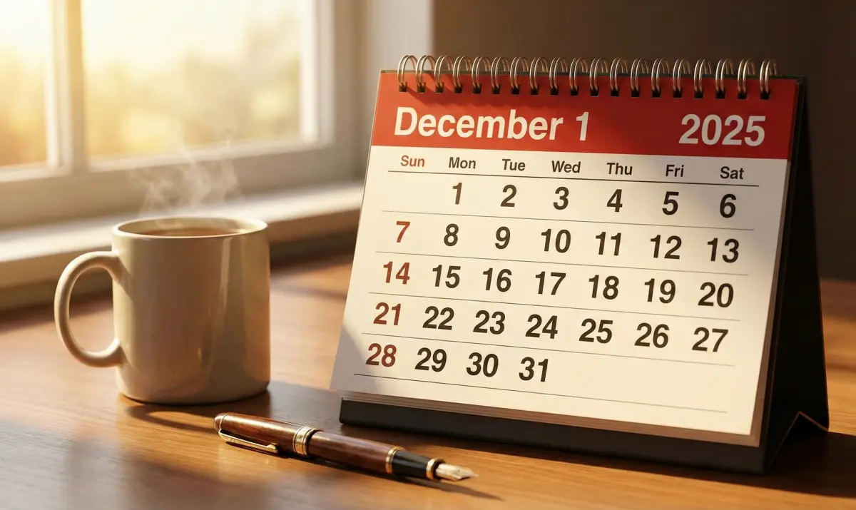 2025년 12월 1일의 시작을 알리는 따뜻한 겨울 아침 햇살과 달력, 희망찬 분위기