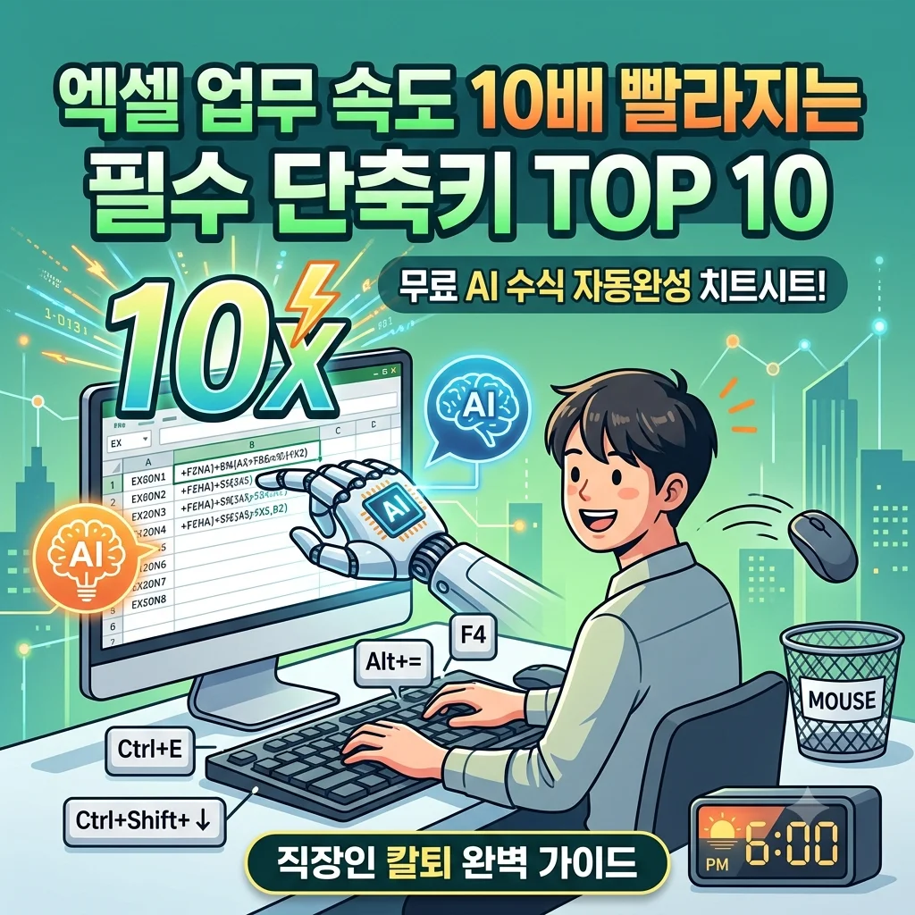 엑셀 업무 속도 10배 빨라지는 필수 단축키 모음 및 무료 AI 수식 자동완성 칼퇴 치트키 대표 썸네일