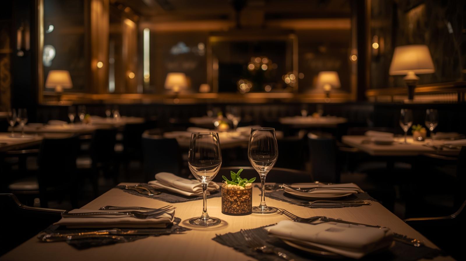 맛있는 레스토랑 테이블 사진으로 식기류와 잔이 준비되어있습니다.