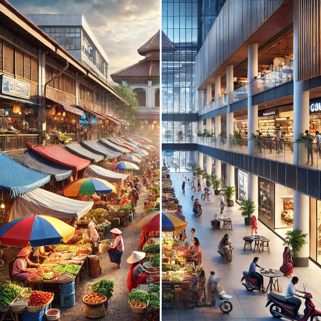 세부의 전통 로컬 마켓과 현대적인 쇼핑몰 내부를 나란히 비교한 모습