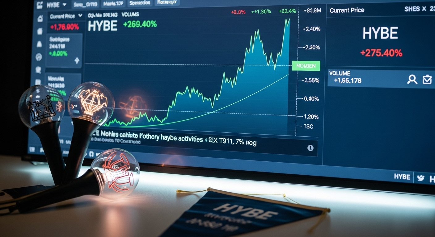 HYBE 주식의 상승세를 보여주는 세련된 주식 시장 차트와 K-팝 응원봉이 어우러져, 그룹 복귀 소식에 따른 긍정적인 시장 반응을 나타냅니다.