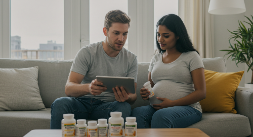 임신한 부부가 영양제를 고민하는 모습