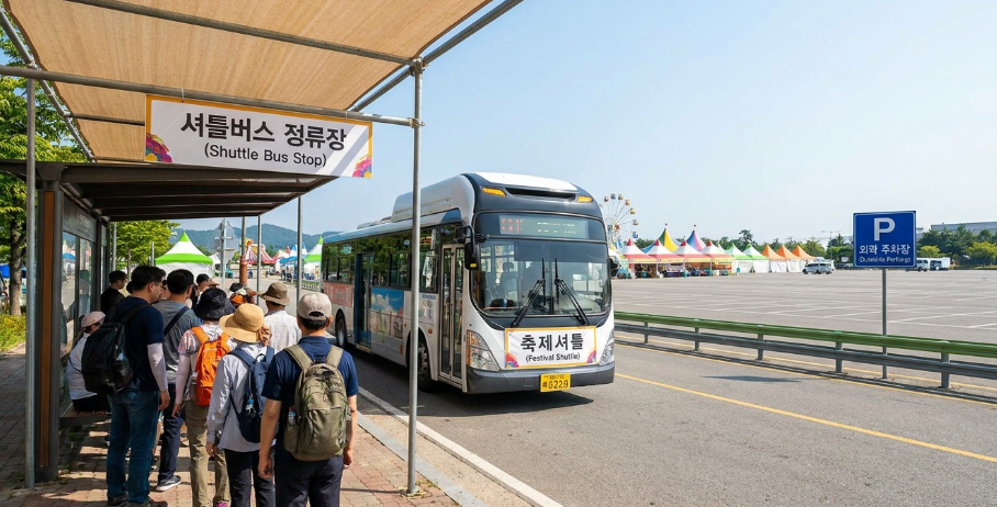 행사장 주변 주차 안내도와 셔틀버스를 기다리는 인파