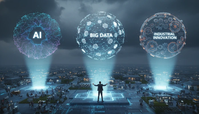 AI, 데이터, 혁신 바우처 마감 임박을 알리는 역동적인 이미지. 세 가지 디지털 문이 중소기업과 기업가에게 열려있는 모습으로, 성장의 기회를 상징합니다.