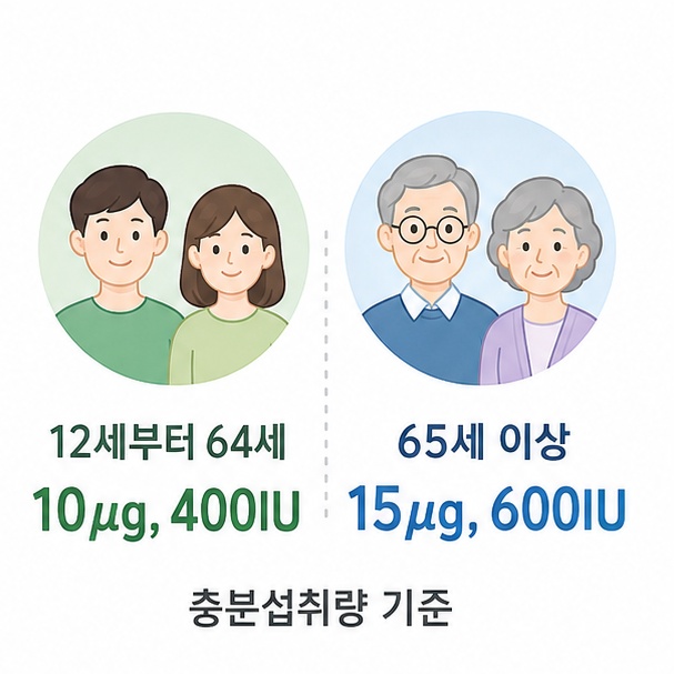 12세부터 64세는 400IU, 65세 이상은 600IU라는 비타민 D 충분섭취량을 연령별로 비교한 그림