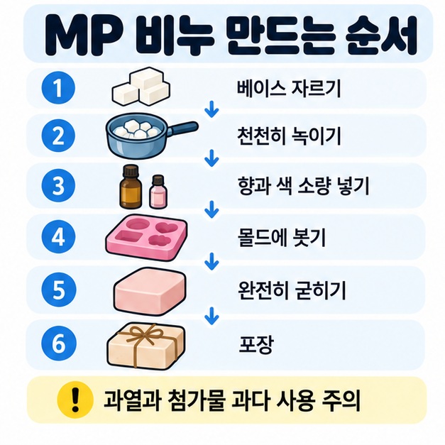 비누베이스 자르기, 녹이기, 향과 색 넣기, 몰드에 붓기, 굳히기, 포장 순서를 정리한 카드