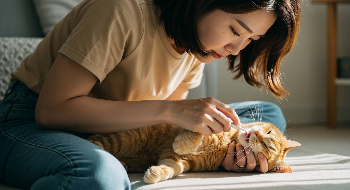 한국 여성이 고양이를 위로 눕혀서 고양이의 손을 잡고 양치 시키는 모습, 고양이 양치로 입 냄새 제거, 치주병 예방.