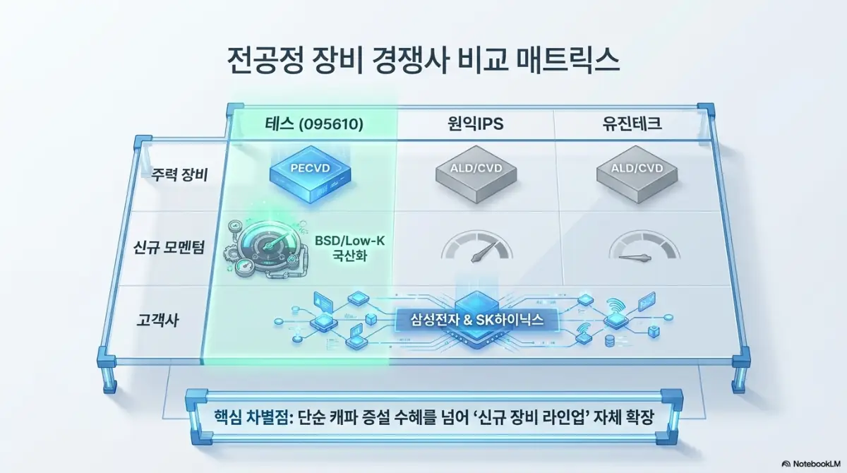 테스 주가 전망: 테스와 원익IPS·유진테크의 전공정 장비 경쟁력을 비교한 매트릭스 이미지. 주력 장비, 신규 모멘텀, 고객사를 항목별로 정리하고 테스의 PECVD·BSD 국산화 차별점을 시각화했으며, 단순 캐파 증설을 넘어선 신규 장비 라인업 확장을 설명함