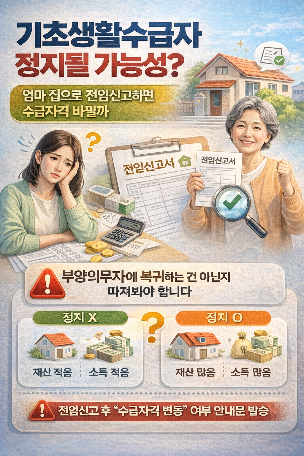 기초생활수급자 정지될 가능성? 엄마 집으로 전입신고하면 수급자격 바뀔까