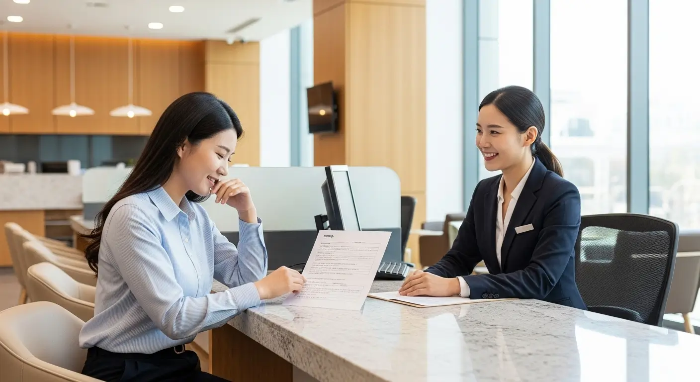 은행 창구에서 상담원과 전세대출 연장 및 목적물 변경을 상담하며 안심하는 고객의 모습