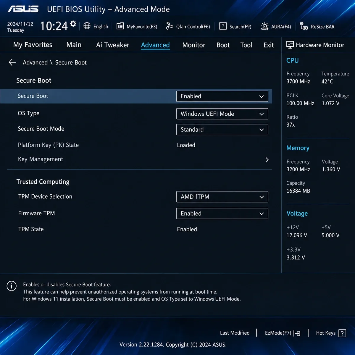 UEFI BIOS Secure Boot Enabled Windows UEFI Mode 설정 확인 화면