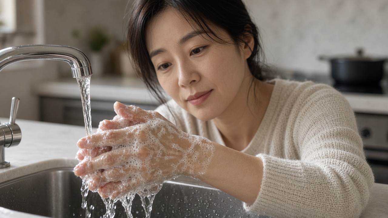 주방 싱크대에서 비누로 손을 꼼꼼히 씻는 30대 한국인 여성
