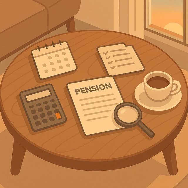 부드러운 톤의 거실 테이블 위에 달력, 계산기, 연금 계약서가 펼쳐지고 옆에 커피잔과 돋보기, 창밖으로 노을이 비치는 상부 시점 인포그래픽