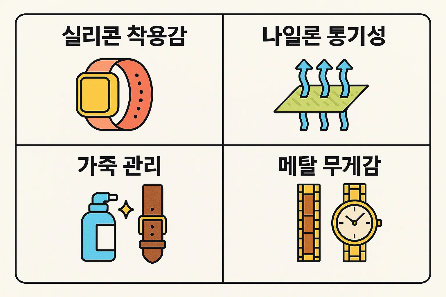 스마트워치 시계줄을 실리콘&middot;나일론&middot;가죽&middot;메탈 소재로 나눠 착용감, 통기성, 유지관리 난이도 등을 비교해 스마트워치 시계줄 선택에 도움을 주는 상세 인포그래픽입니다.