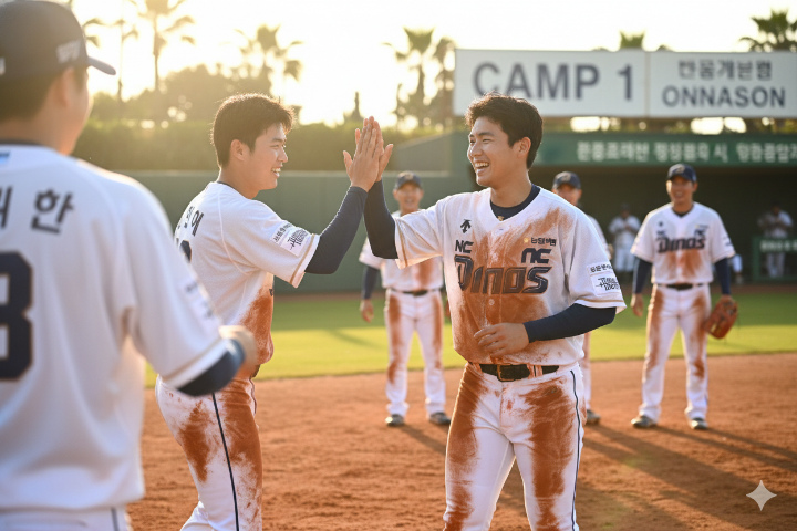 흙투성이가 된 유니폼을 입고 환하게 웃으며 하이파이브를 하는 선수들(오키나와 캠프 현장)