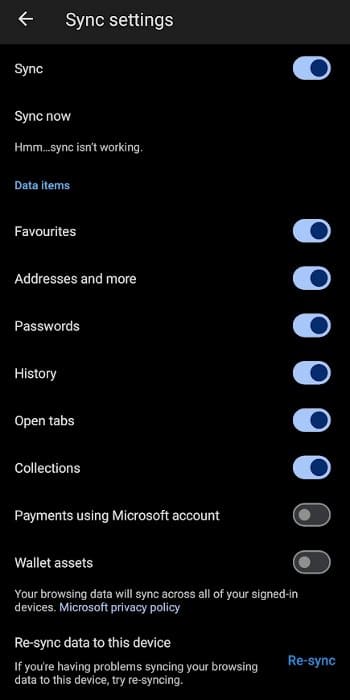 마이크로소프트 엣지 동기화 화면