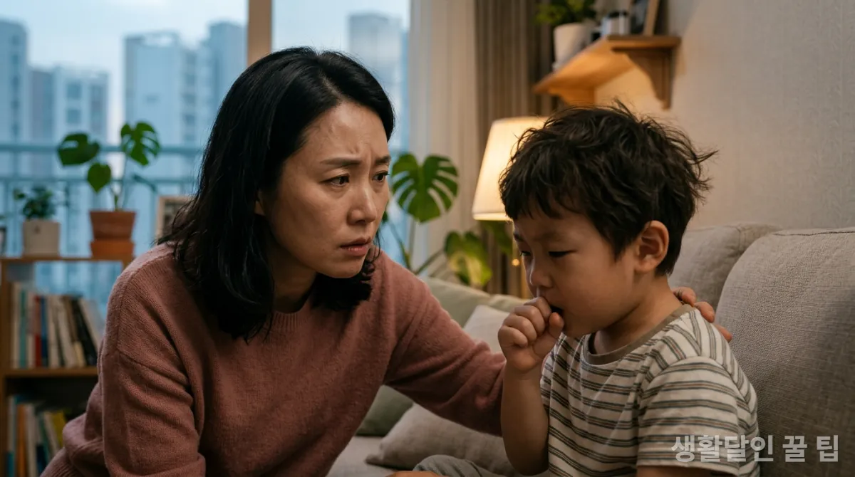 기침하는 아이를 걱정스럽게 바라보는 한국인 엄마의 모습
