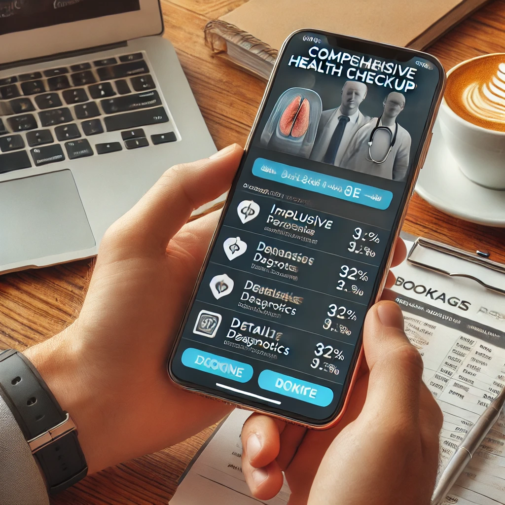 스마트폰 화면에 포괄적인 건강검진 패키지가 표시된 모습. 상세한 진단 옵션이 나열되어 있으며&amp;#44; 카페 테이블에서 노트북과 문서&amp;#44; 커피와 함께 스마트폰을 들고 있는 사람