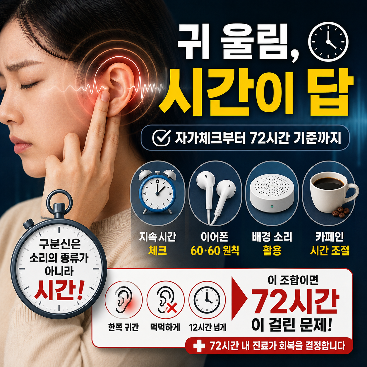 귀 울림 지속 시간 자가체크와 이어폰 소리 크기, 이비인후과 72시간 기준