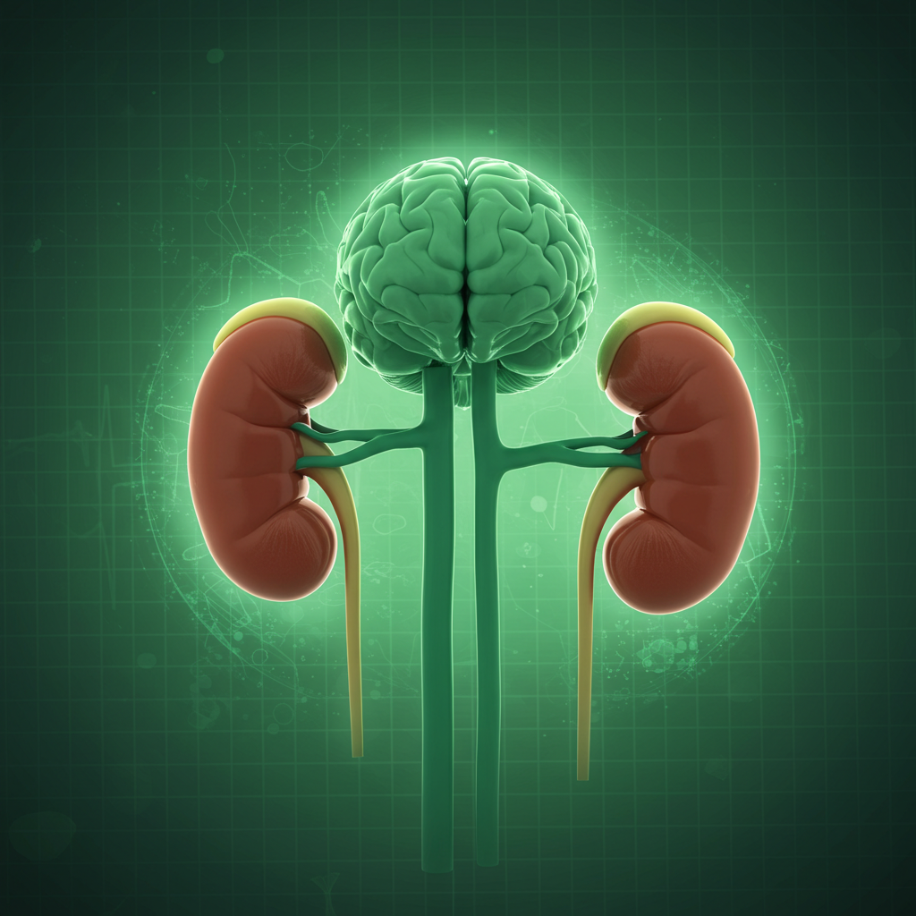 빛나는 보호막이 뇌와 신장을 감싸고 있는 모습. GLP-1 작용제의 뇌 및 신장 보호 효과를 상징적으로 표현한 이미지.