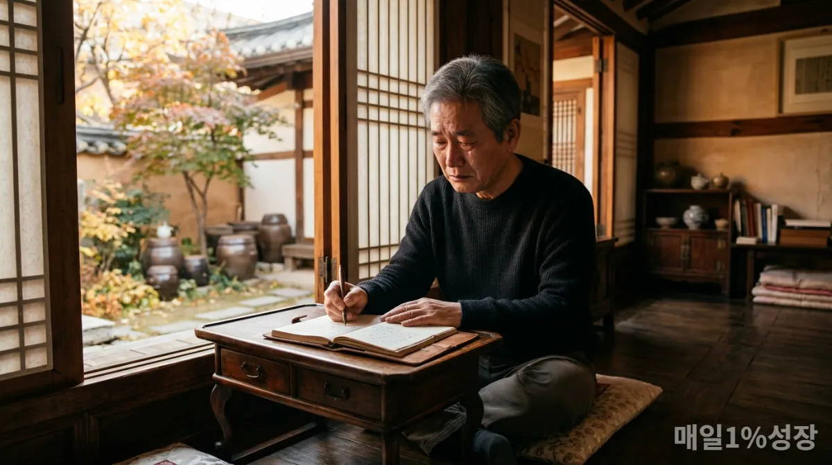 한옥풍 공간에서 자신의 감정을 차분히 받아들이는 한국인
