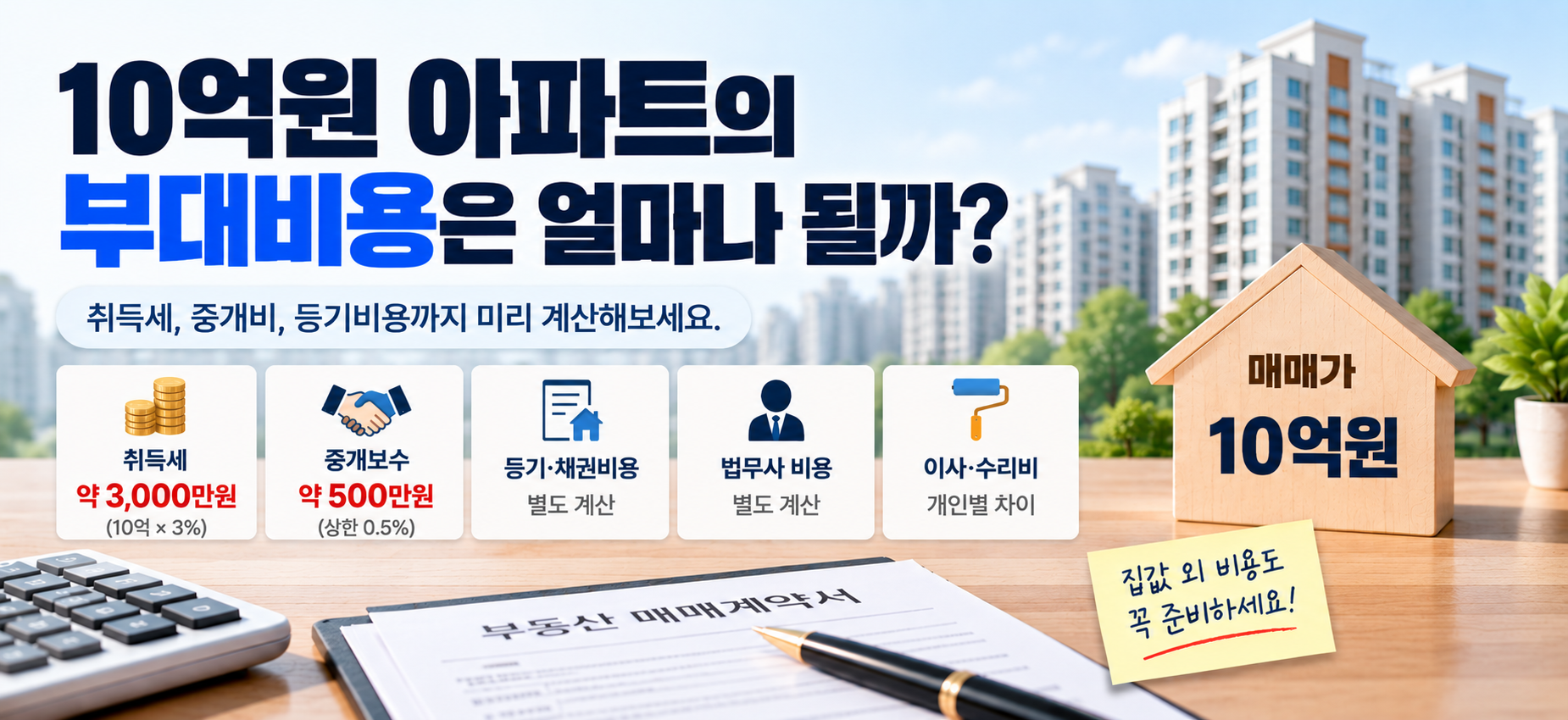 10억원 아파트 매수 시 취득세 중개보수 등 부대비용 설명 이미지