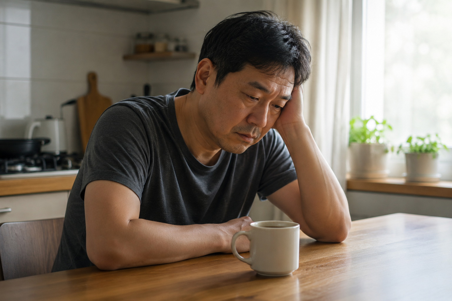 피로하고 무기력한 표정의 남성이 아침에 홀로 앉아있는 장면
