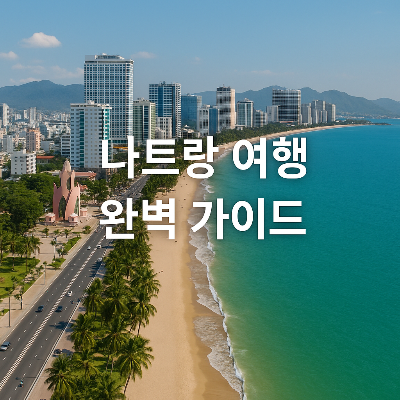 베트남 나트랑의 청명한 해변과 현대적인 도심 풍경, 하늘이 맑고 파란 물결이 펼쳐진 아름다운 휴양지, 길가의 야자수와 모던한 빌딩들이 어우러져 여유롭고 휴식하기 좋은 분위기